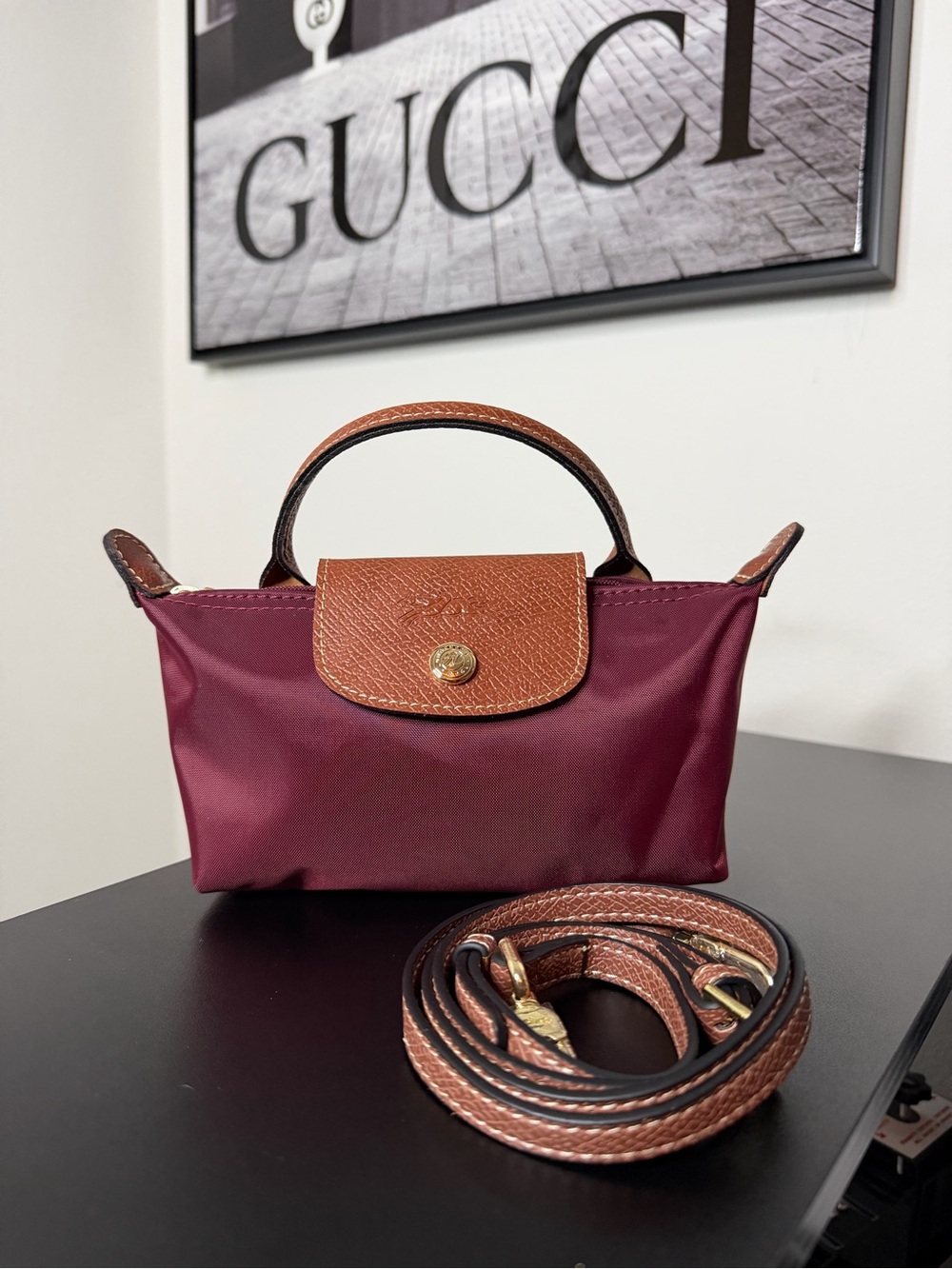 Longchamp Le Pliage Mini Burgundy Top-Handle Crossbody Bag with Brown Trim